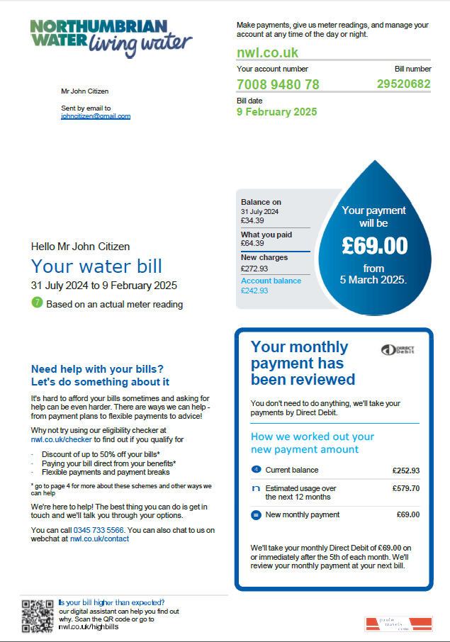 United Kingdom Northumbrian Water utility bill template in Word and PDF formats, version 2
